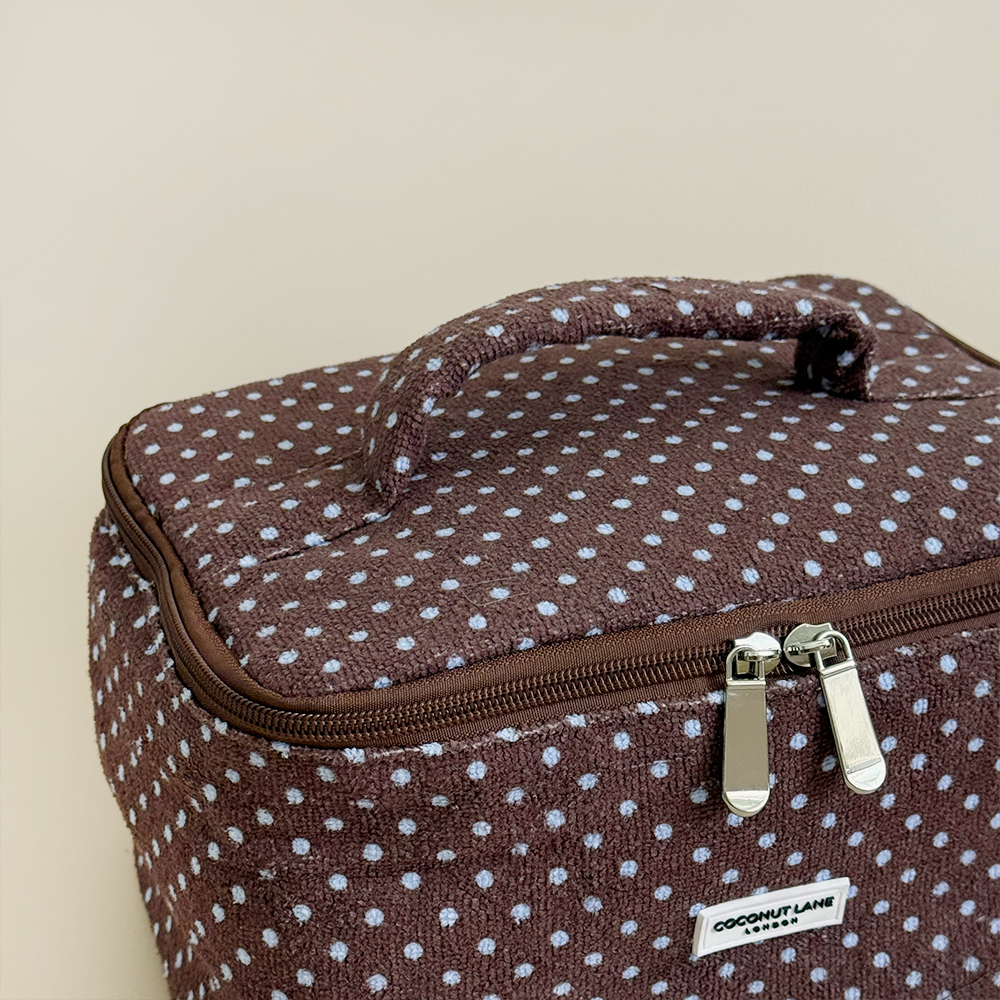 Travel Towel Vanity Case - Brown & Blue Polka Dot