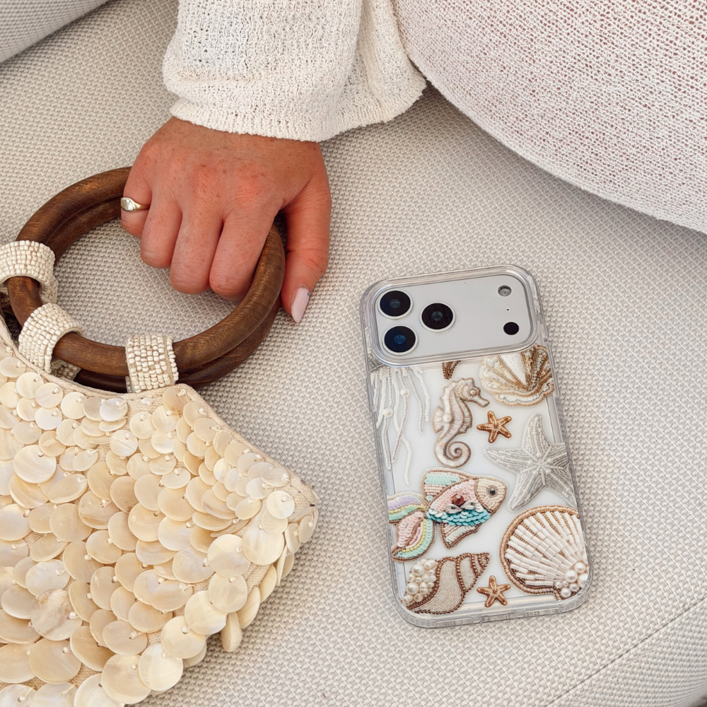 Girl with Mermaid Muse Phone Case on white sun bed