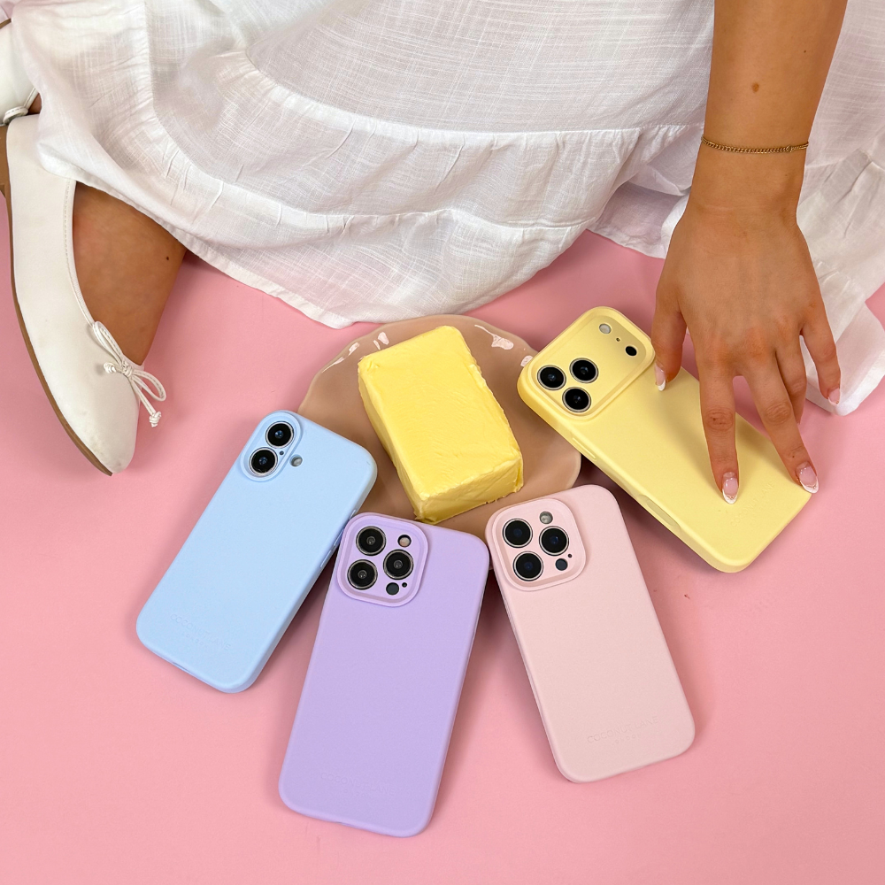Three images: the left shows a phone with a leopard print case, the center has a tumbler, bag, lip balm, and phone, and the right depicts a phone with a cherry-patterned case, all against a red background.