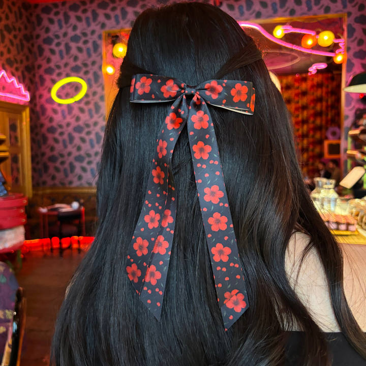 Ribbon Bow Clip - Cherry Hibiscus