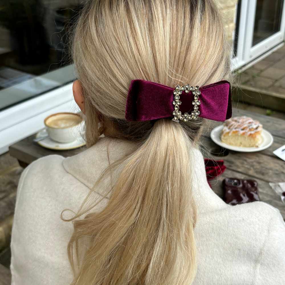 Burgundy Diamante Bow Hair Clip