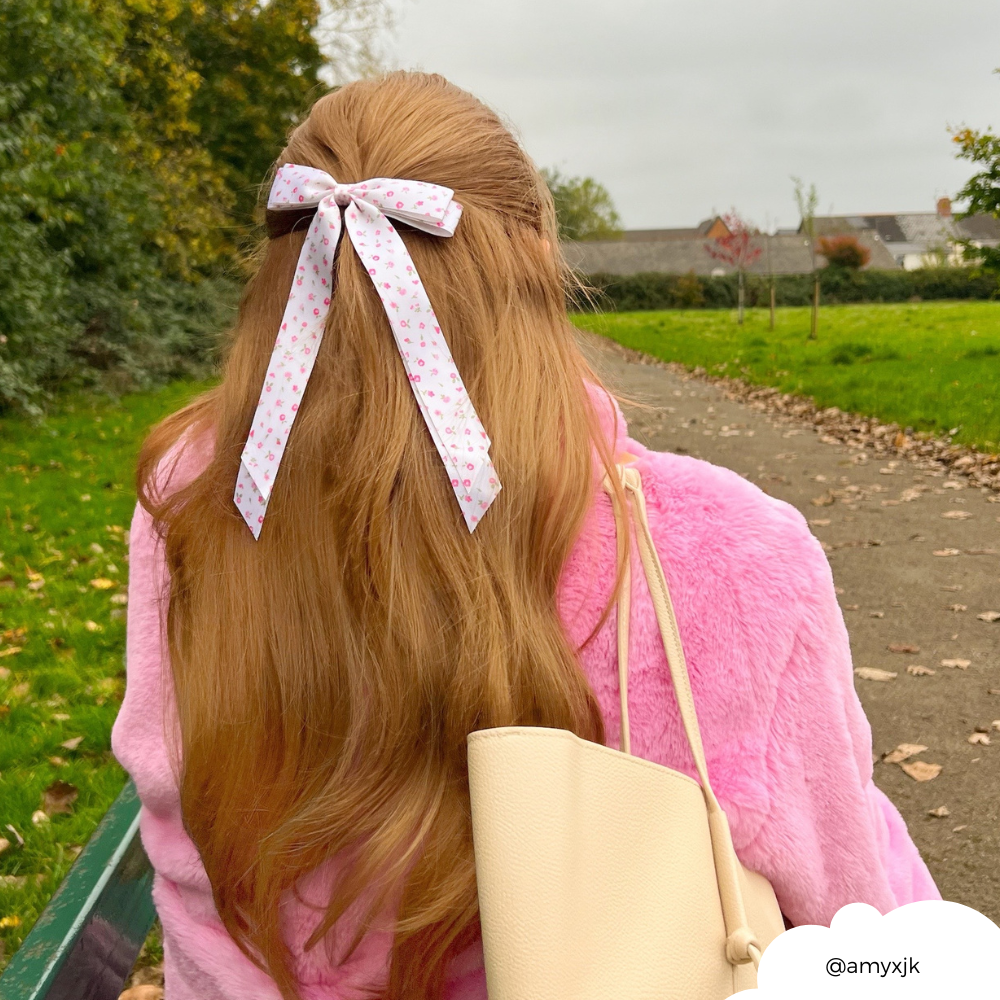 Ribbon Bow Clip - Pink Watercolour Flowers