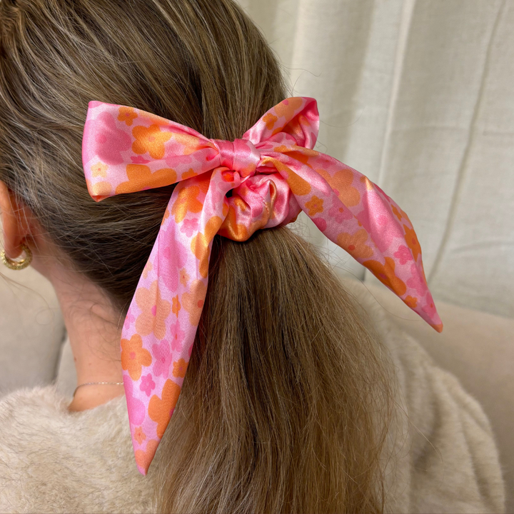 Satin Bow Scrunchie - Pink & Orange Bloom