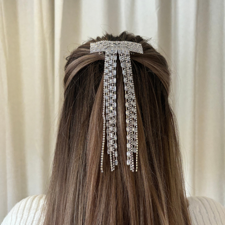 Diamante Bow Tassel Hair Clip - Silver