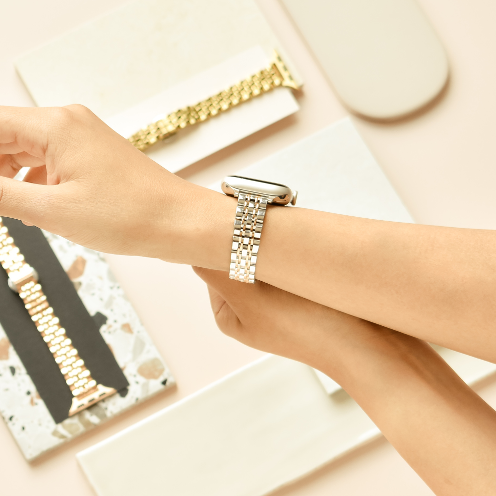 Slim Stainless Steel Apple Watch Strap Silver Rose Gold