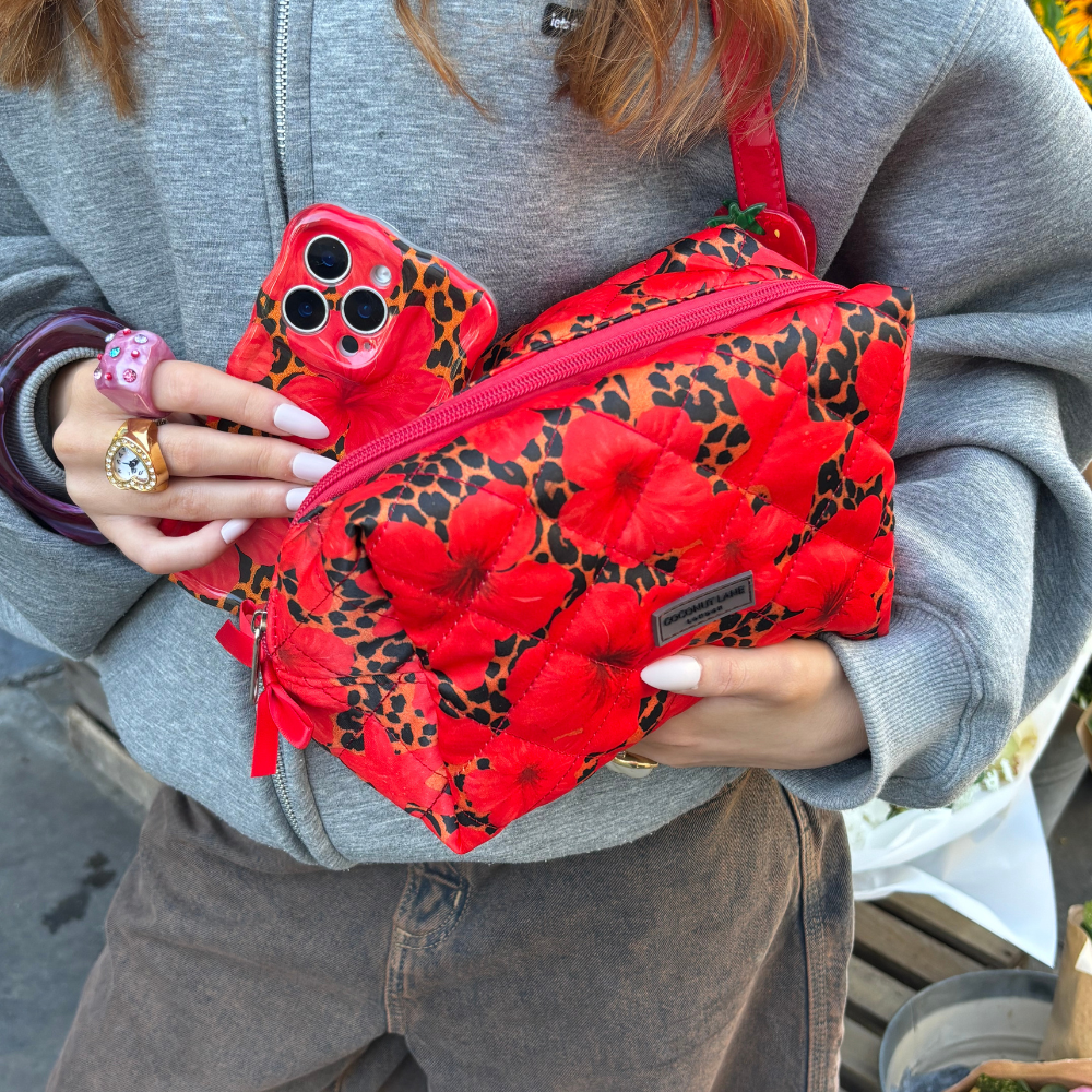 Satin Quilted Makeup Bag - Leopard Hibiscus