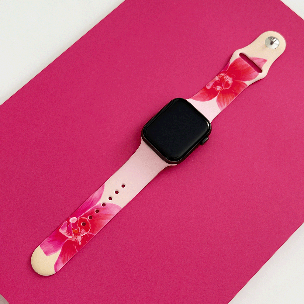 Pink Apple Watch Strap with pink orchid flowers.