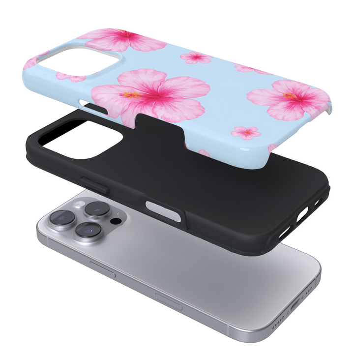 Expanded view of a blue phone case with a pink hibiscus pattern on a white background