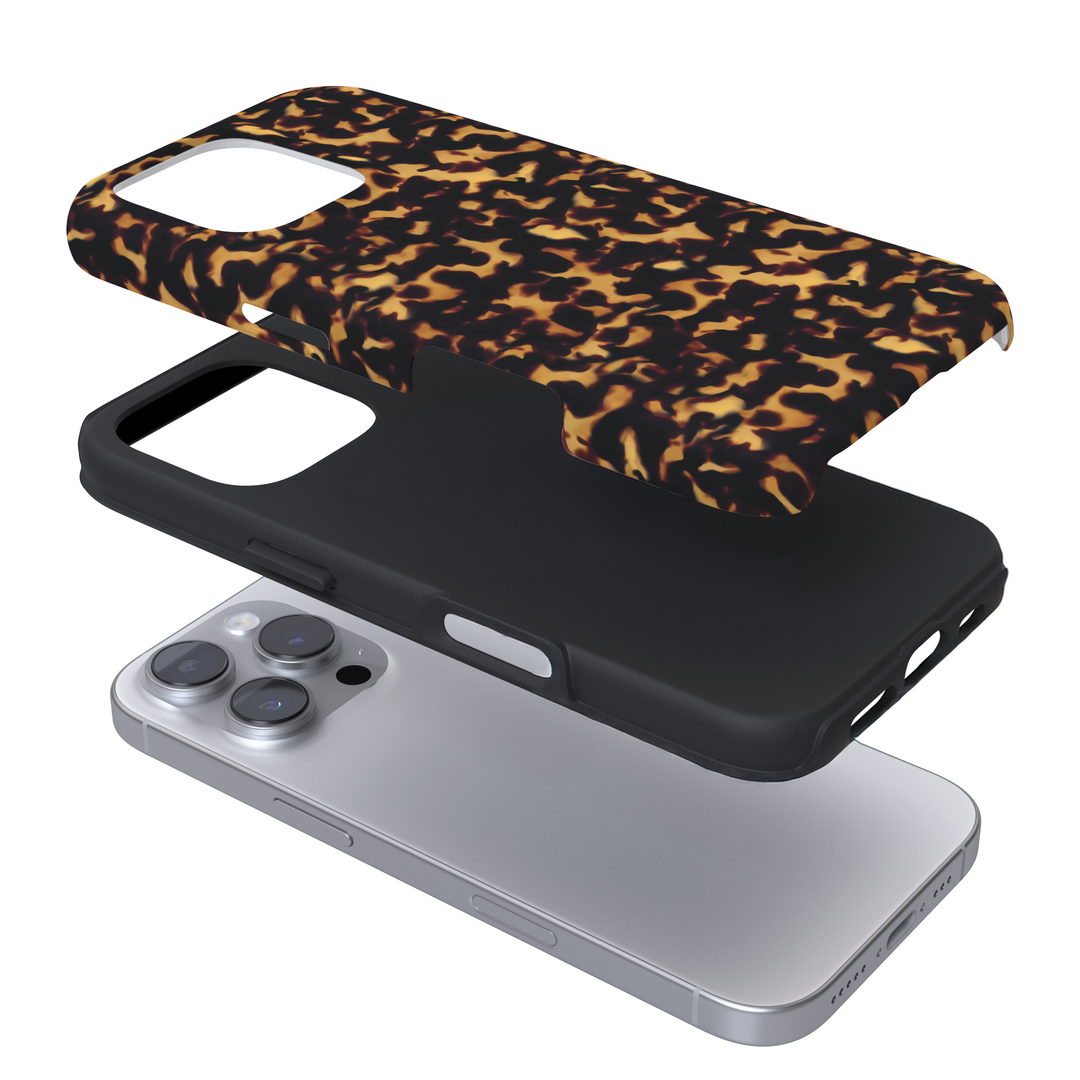 Expanded view of a phone case with a tortoiseshell print on a white background