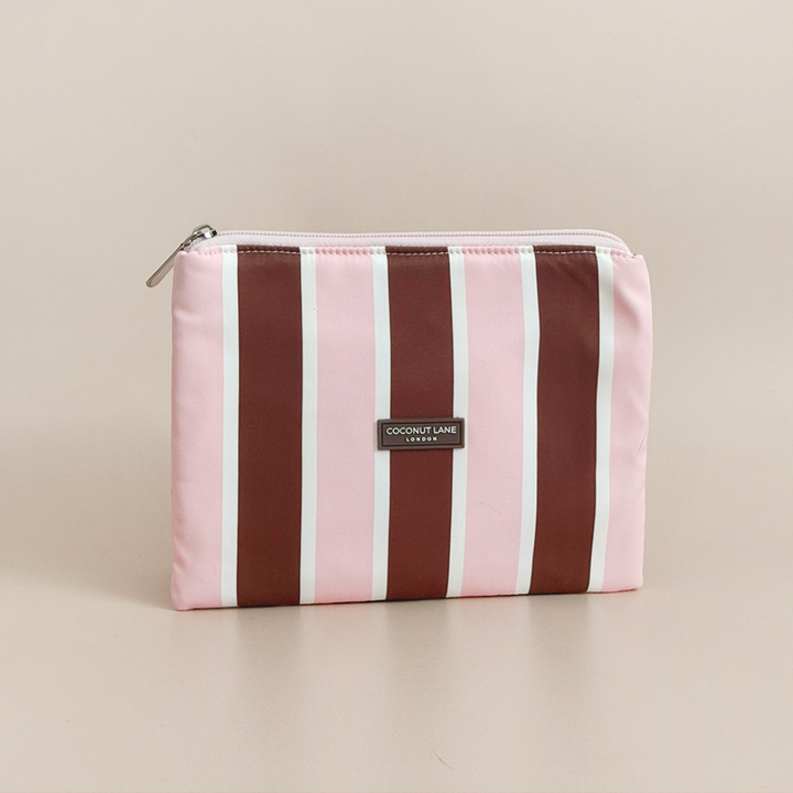 Coconut Lane Cocoa & Pink Stripe Everything Pouch featuring chocolate brown, pastel pink and white vertical stripes with zip fastening.