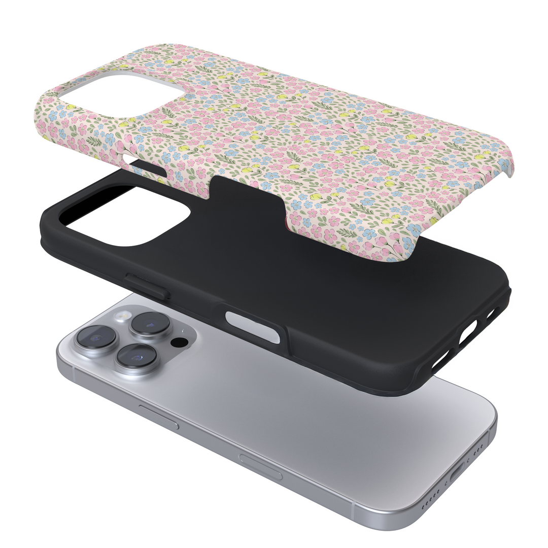 Expanded view of a phone case with a floral pattern on a white background