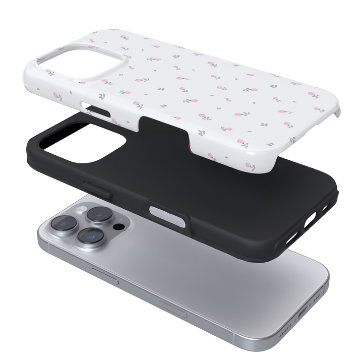 Expanded view of a phone case with a floral pattern on a white background