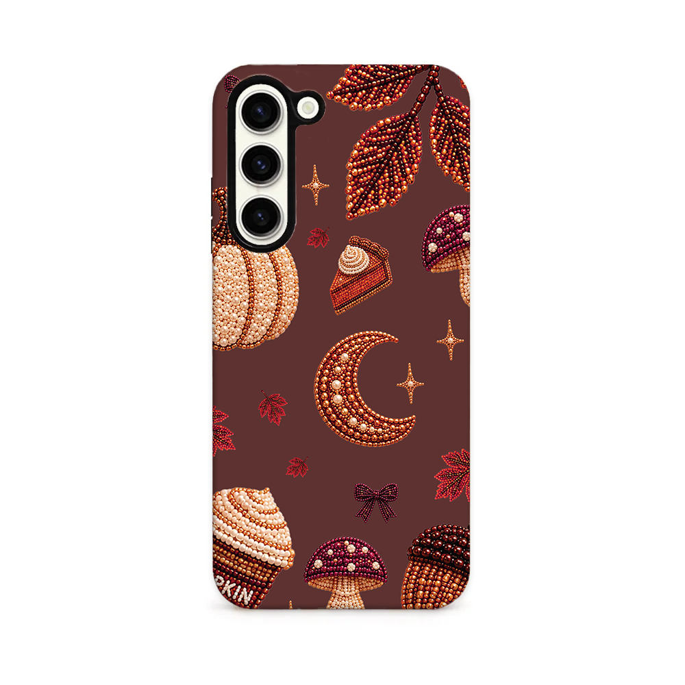 Cute autumnal beaded icons on a warm brown background.