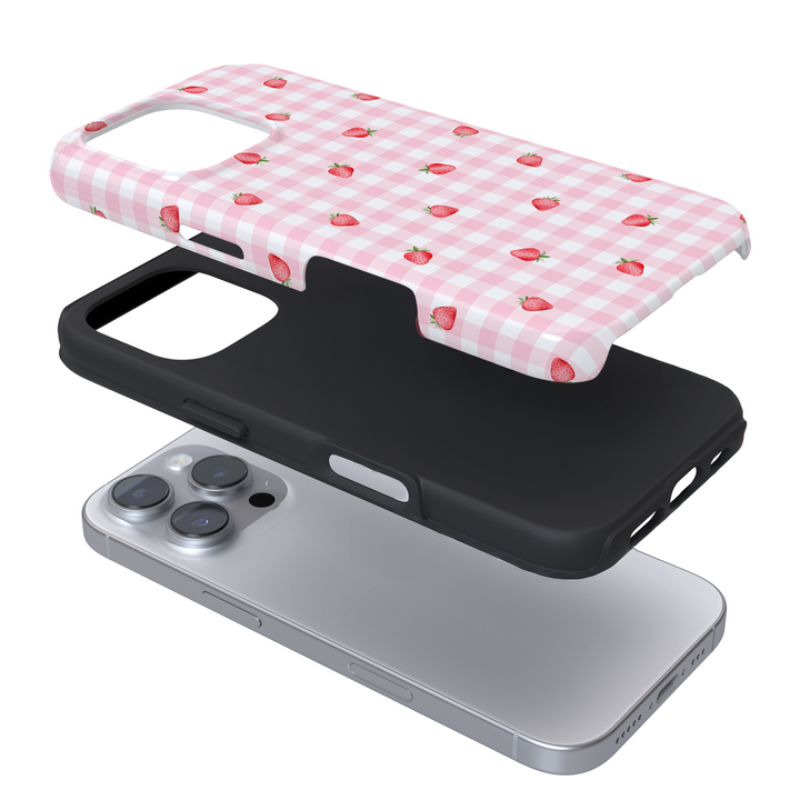 Expanded Phone case with gingham and strawberry pattern on a white background