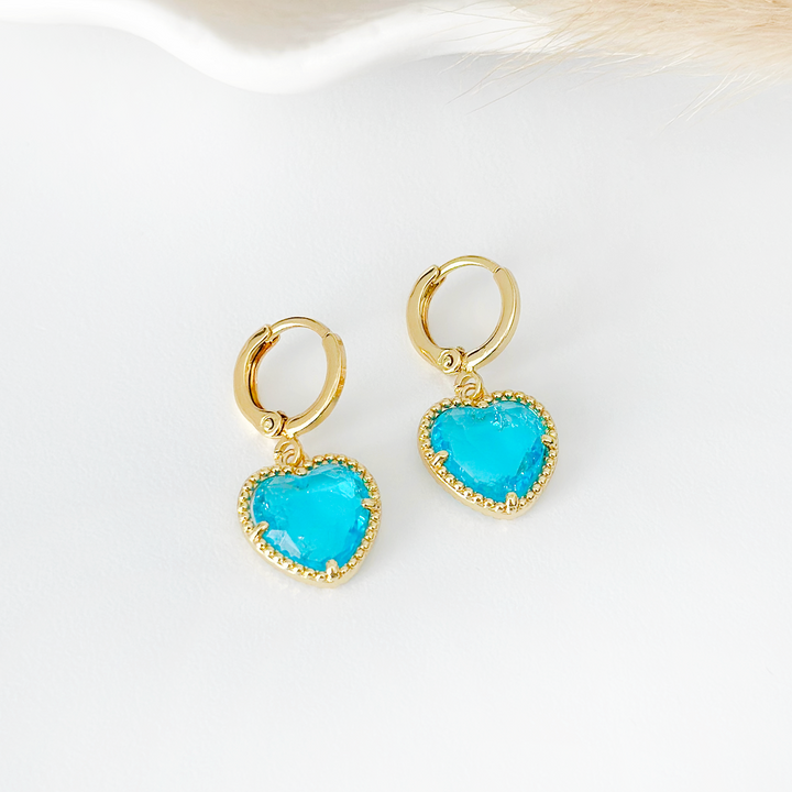 Crystal Heart Huggie Hoop Earrings - Blue