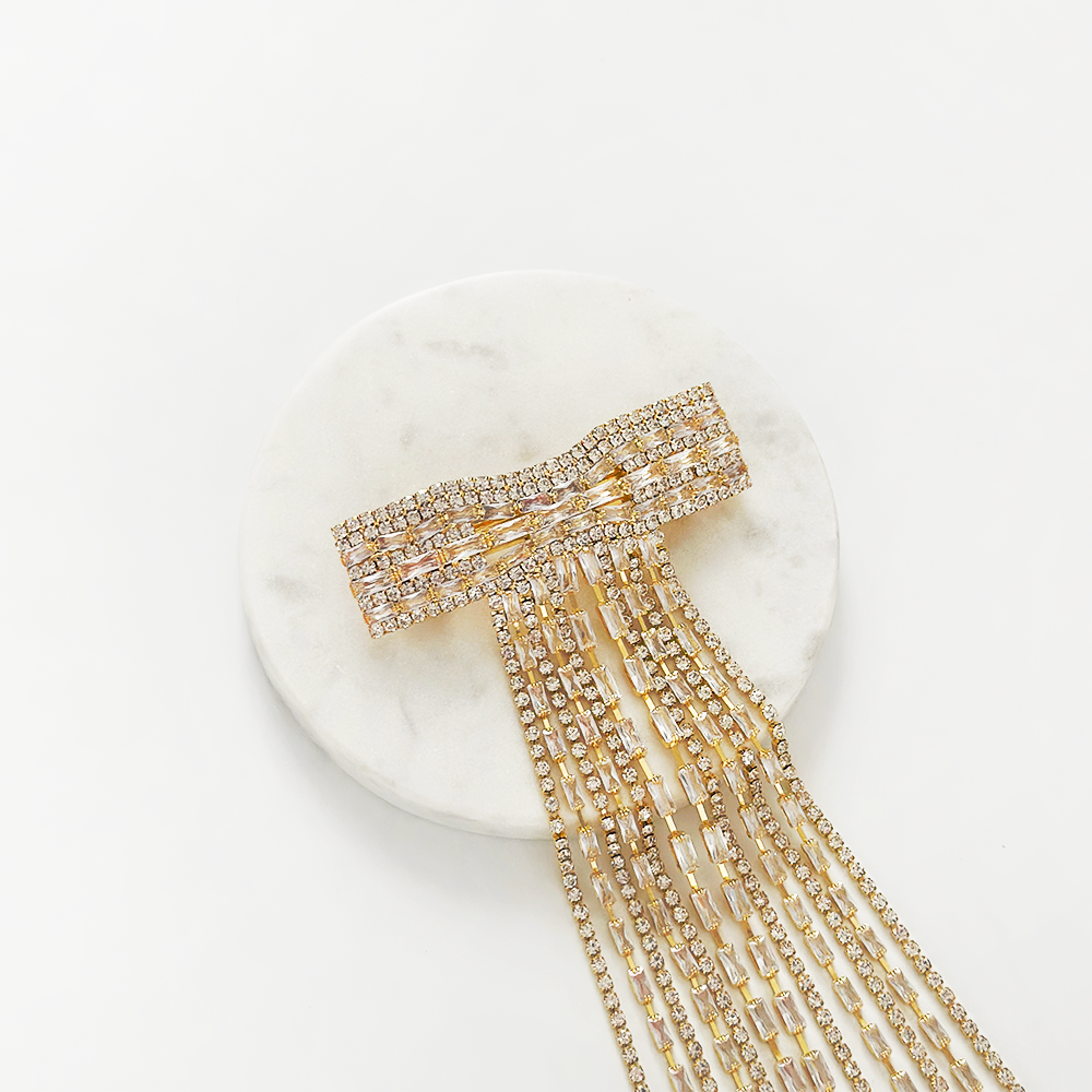 Diamante Bow Tassel Hair Clip - Gold