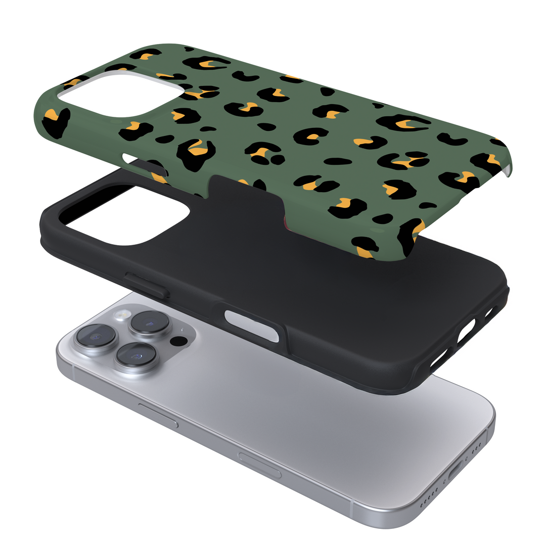 Expanded view of a phone case with a  khaki leopard print on a white background