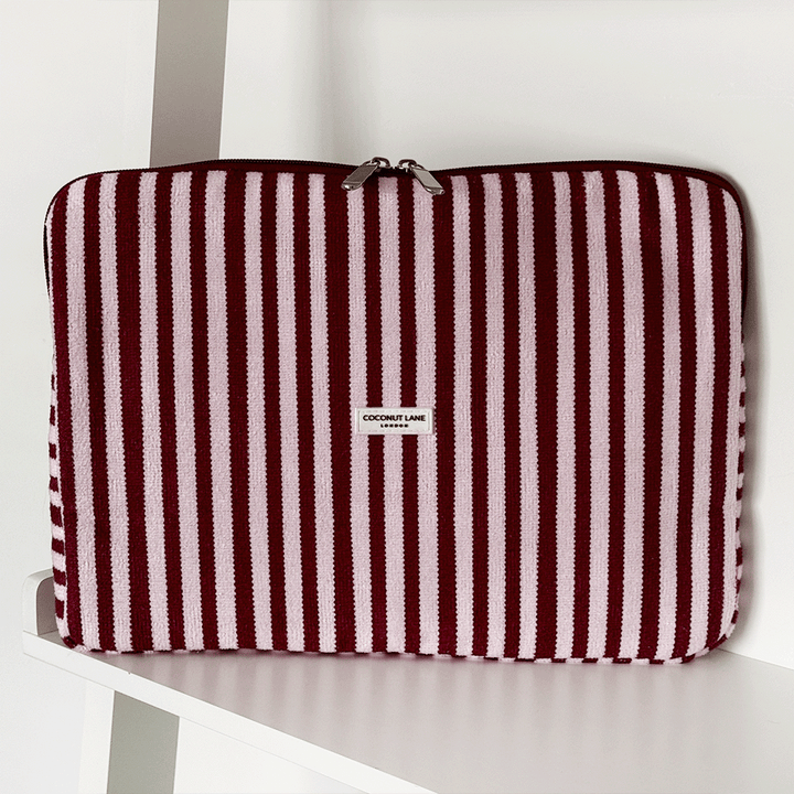 Burgundy and light pink striped Laptop Sleeve, with silver zip and Coconut Lane logo.