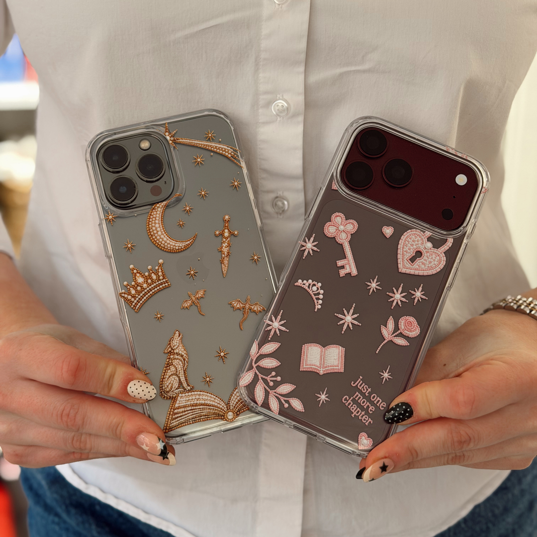 Clear  love and lore collection phone cases. Fantasy girl phone case with golden illustrations of fantasy themed beaded effect icons, such as a book, wolf, crown, moon, sword, stars and dragons.

Romance girl clear phone case with beaded effect illustrations of a key, heart padlock, crown, stars, a rose and the text "just one more chapter"