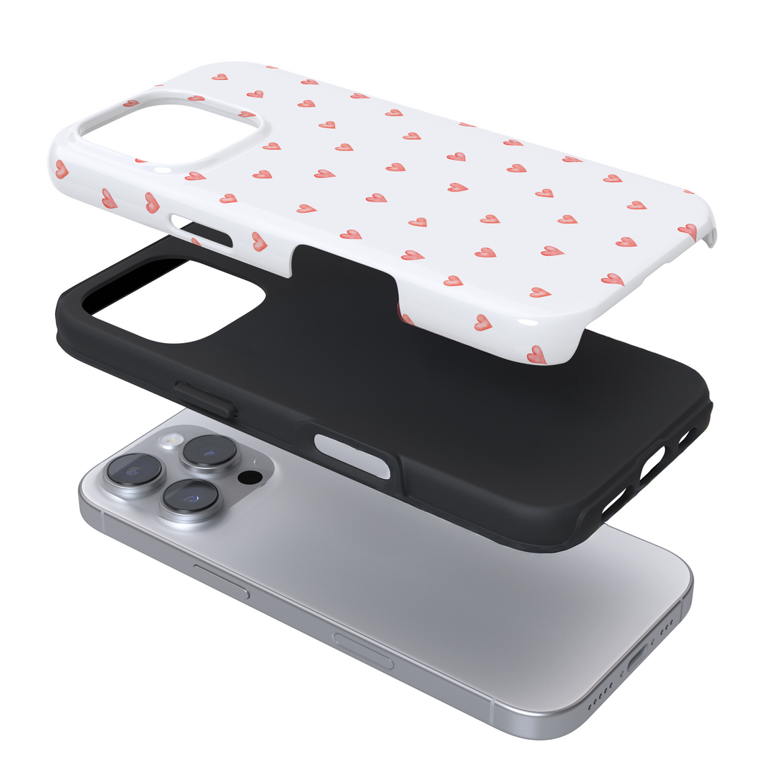 Expanded view of a phone case with a pink heart pattern on a white background