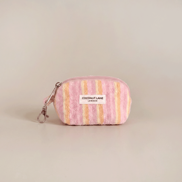 Pink, orange and yellow stripe small keyring bag with zip closure and keychain attachment.