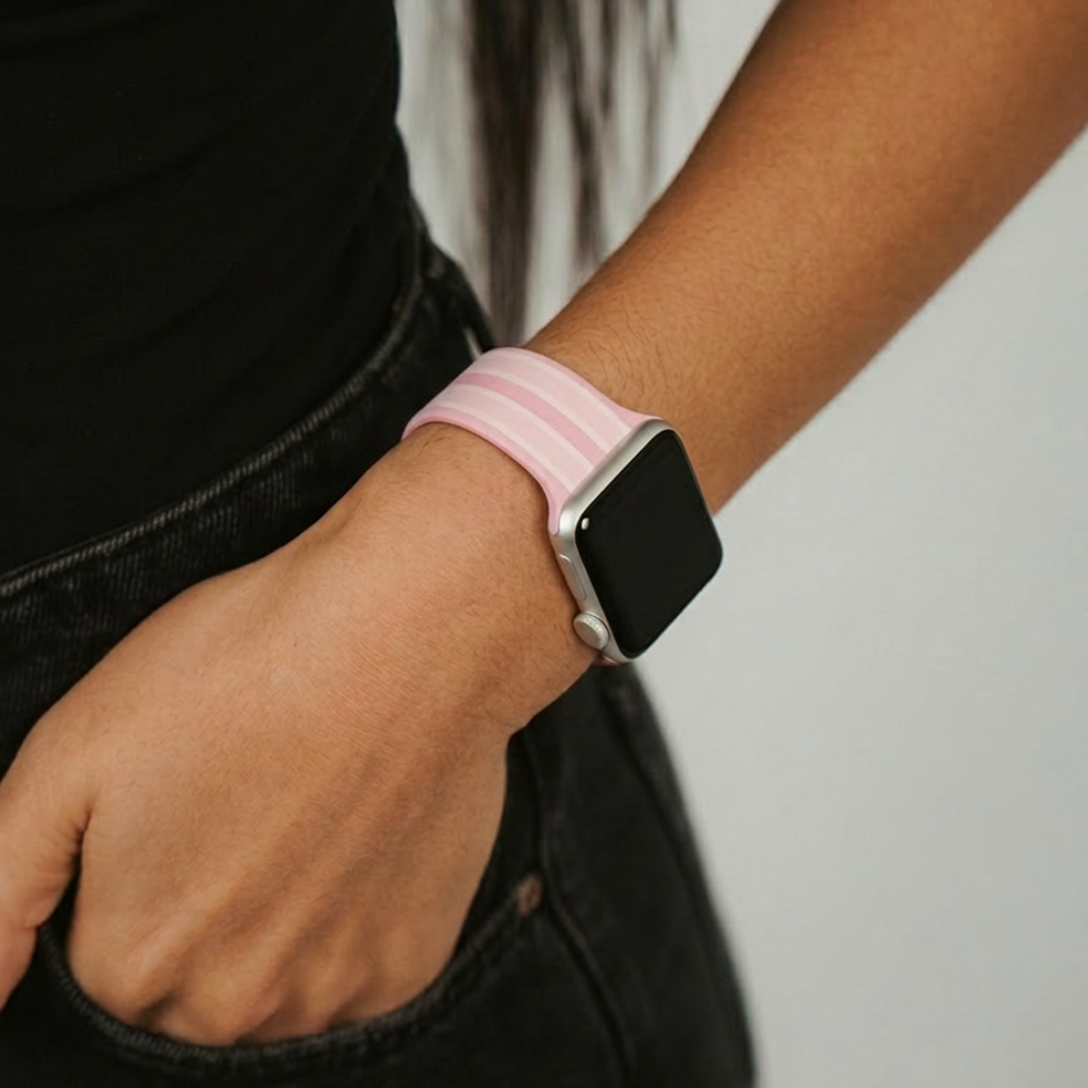 Powder Stripe Silicone Watch Strap on a girls wrist in a black tshirt