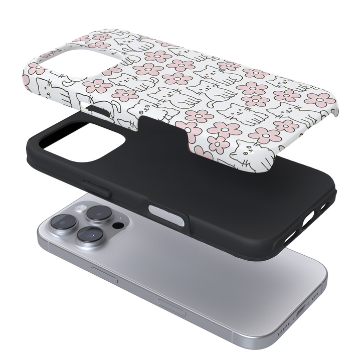 Expanded view of a phone case with a cat and floral pattern on a white background
