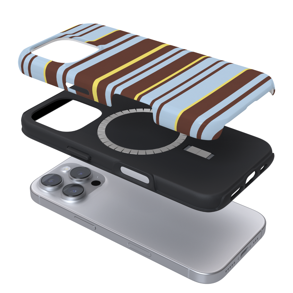 Baby blue, brown and butter yellow stripes.