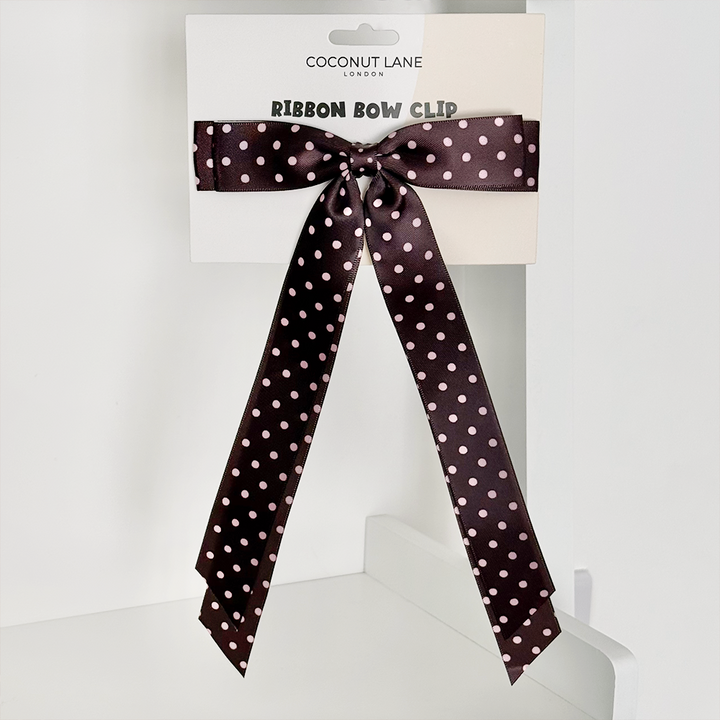 Ribbon Bow Clip - Brown Polka Dot