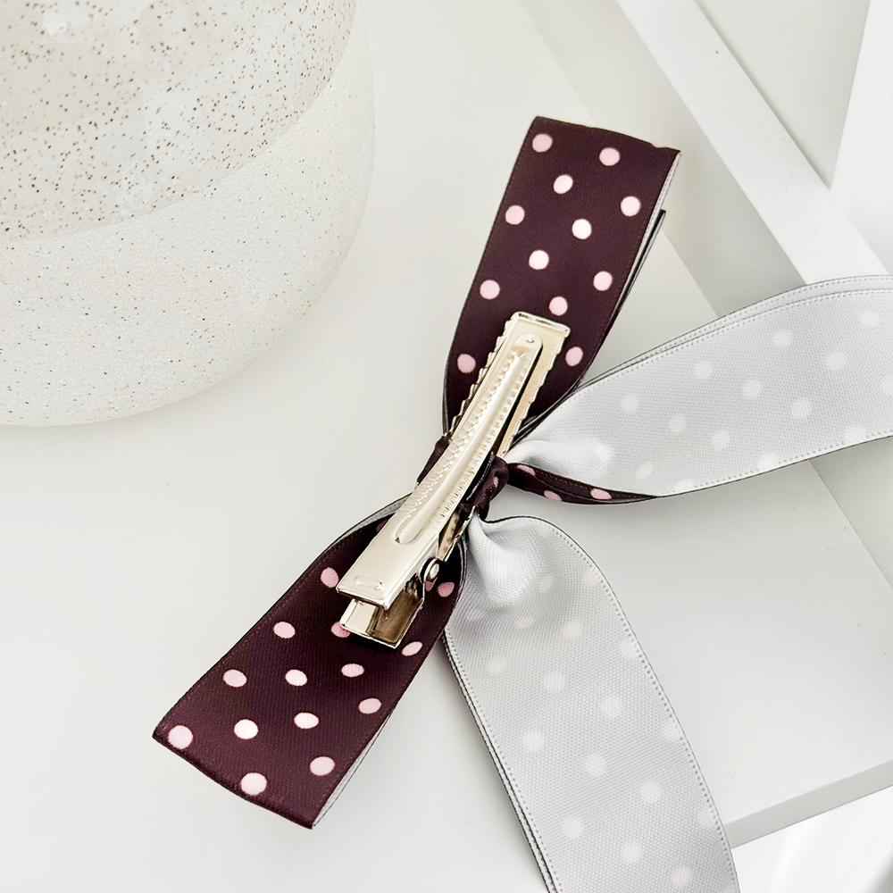 Ribbon Bow Clip - Brown Polka Dot