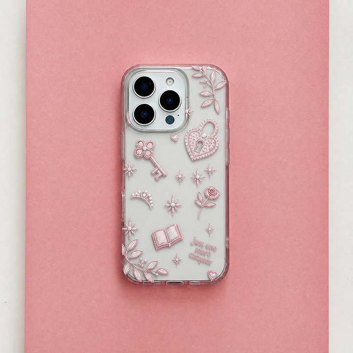 Rear view of Romance Girly Clear Phone Case featuring pink romantic illustrations, floral details and the phrase 'Just One More Chapter', displayed on a pink background.