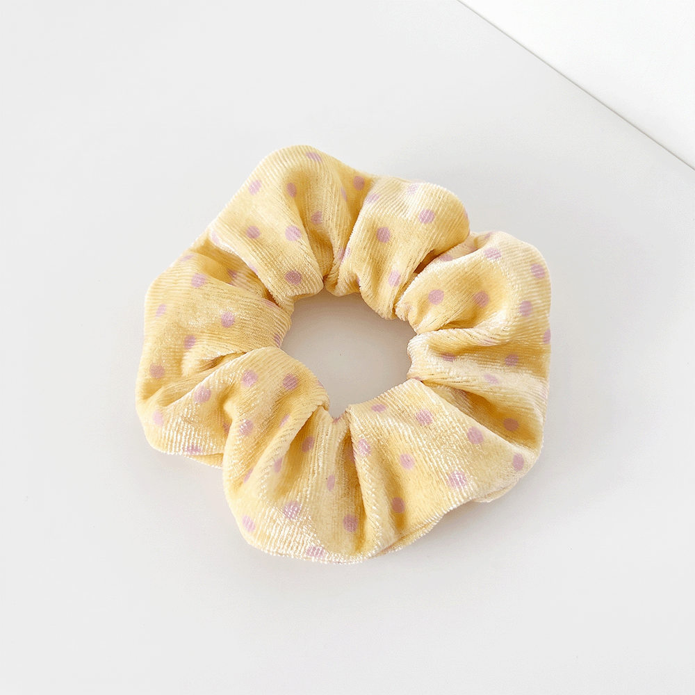 Pale yellow Scrunchie with baby pink polka dots.