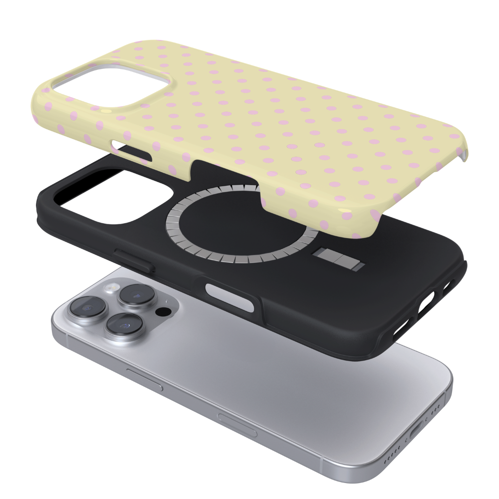 Pale yellow Phone Case mockup with baby pink polka dots. Showing the MagSafe element. 