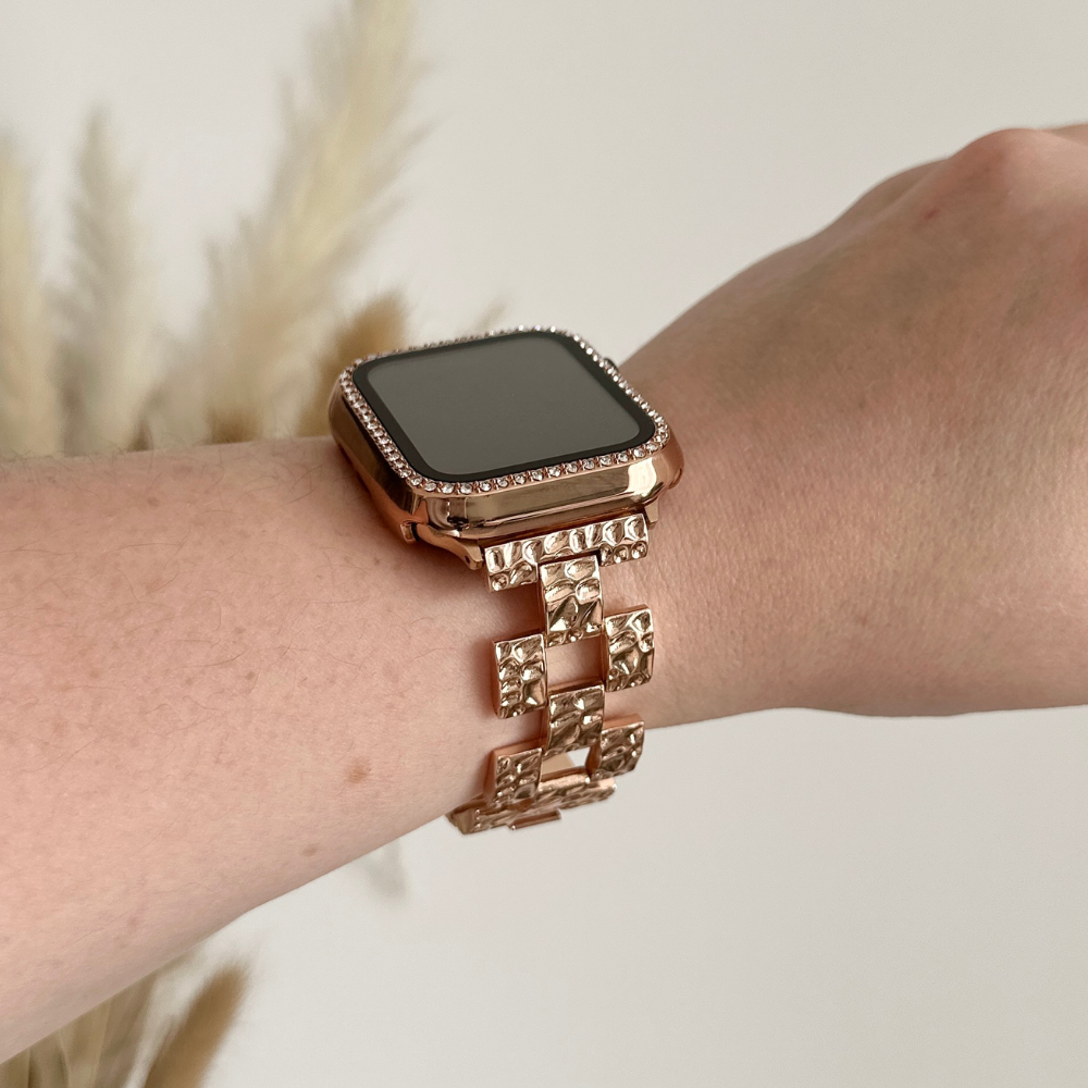 Ultimate Crushed Metal Rose Gold Diamante Apple Watch Strap Bundle