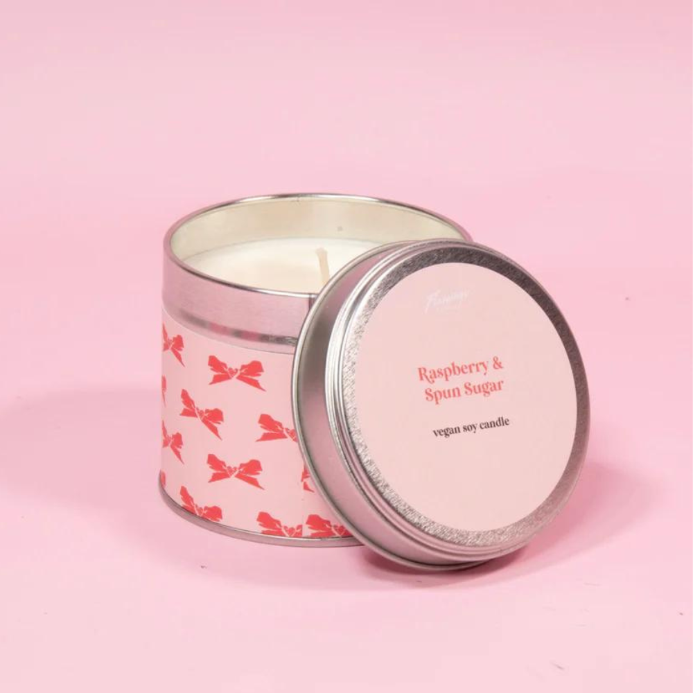 Raspberry & Spun Sugar Red & Pink Bow Tin Candle