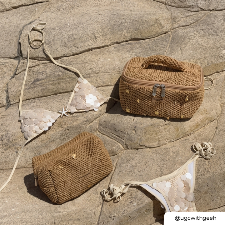 Sequined bikini set with brown makeup bag with shells on stone surface