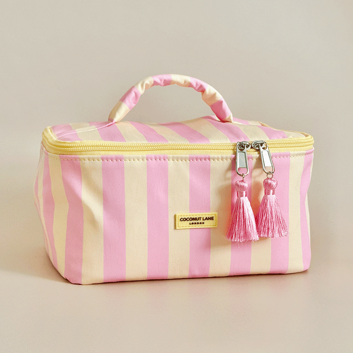 Yellow and pink stripe Vanity Case, with tassels and padded handle.