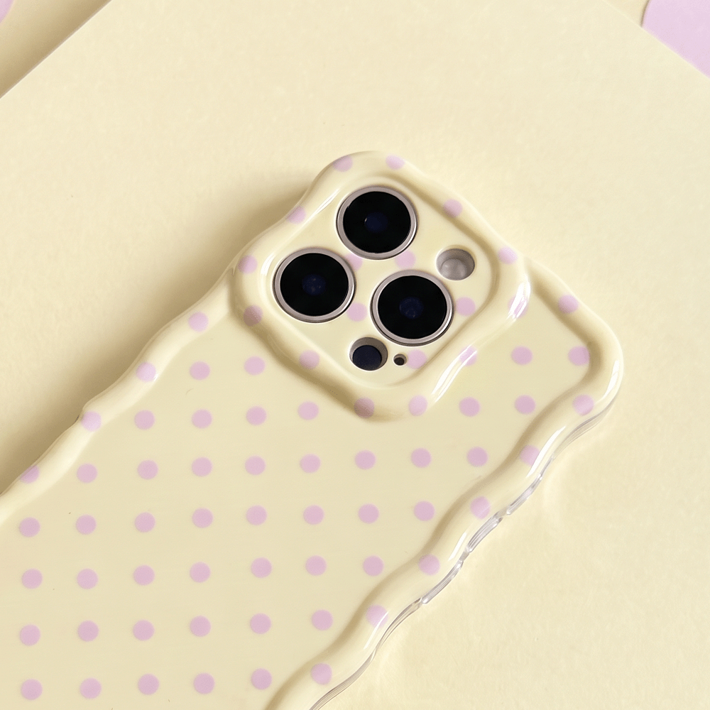 Pale yellow Wavy Phone Case with baby pink polka dots. Designed for iPhone.