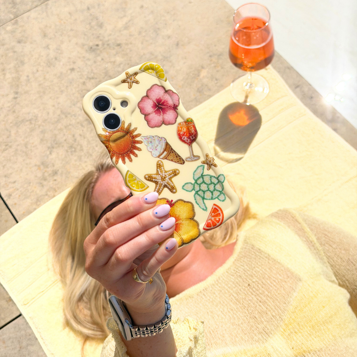 Girl sun bathing taking a selfie with Wavy Island Girl Summer Phone Case