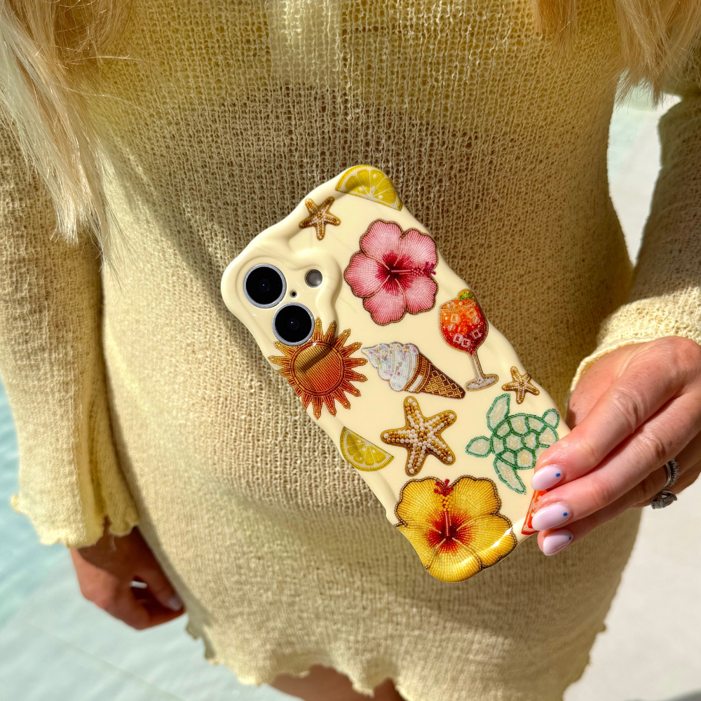 Girl holding Wavy Island Girl Summer Phone Case wearing yellow dress